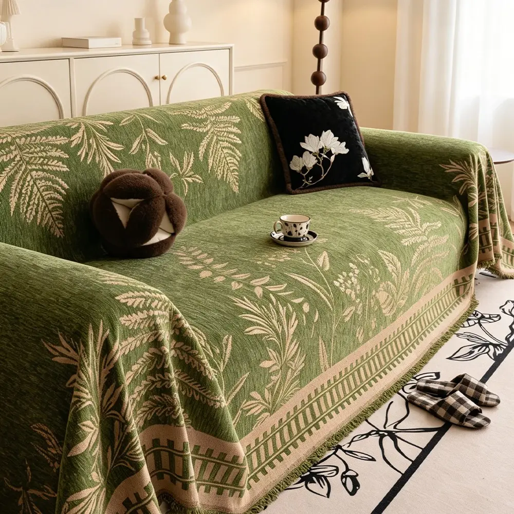 Fashionable Lightweight Sofa Cover, Dustproof Sofa Slipcover, Vintage Plant Embroidery Fringe Design, Scratch-Resistant, Pet-Friendly