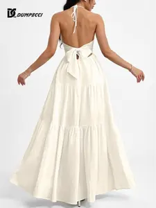 DC DUMPECCI Women's Plain Tie Backless Boho Flared Dress Casual Sleeveless Spaghetti Strap Long Dress for Beach Holiday Vacation Summer Clothes Bohemian Romantic Dress