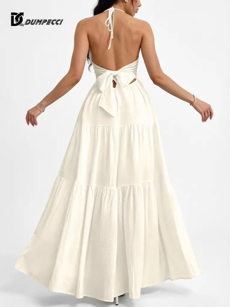 DC DUMPECCI Women's Plain Tie Backless Boho Flared Dress Casual Sleeveless Spaghetti Strap Long Dress for Beach Holiday Vacation Summer Clothes Bohemian Romantic Dress