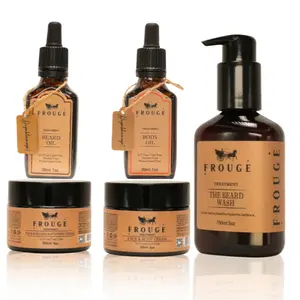 Frouge Full Grooming Routine for Men – Beard Wash, Beard Oil, Face & Beard Cream, Body Oil & Face & Body Cream – Complete Beard & Skin Care Set with Argan Oil & Vitamin E