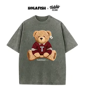 Holafish Summer Acid Washed Cotton Crew Neck Printed Bear Graphic T-Shirt For Mens,Soft, Breathable, Loose Fit, Weekend Wear - Comfortable And Stylish