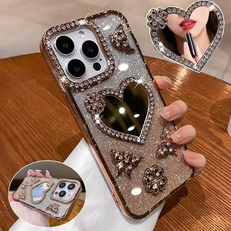 Rhinestone Heart Shaped Phone Case with Mirror, Cellphone Casing, Shockproof Protective Cover, Compatible with iPhone 11 12 13 14 15 16 Series, Decorative Smartphone Protector