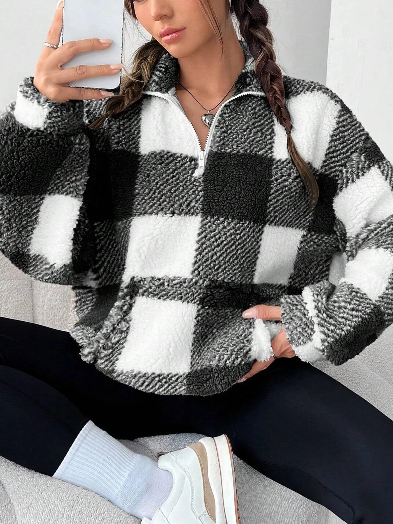Women's Plaid Print Fleece Sweatshirt, Half-Zip Design Drop Shoulder, Casual Long Sleeve Hoodie for Fall & Winter Seasons Clothes