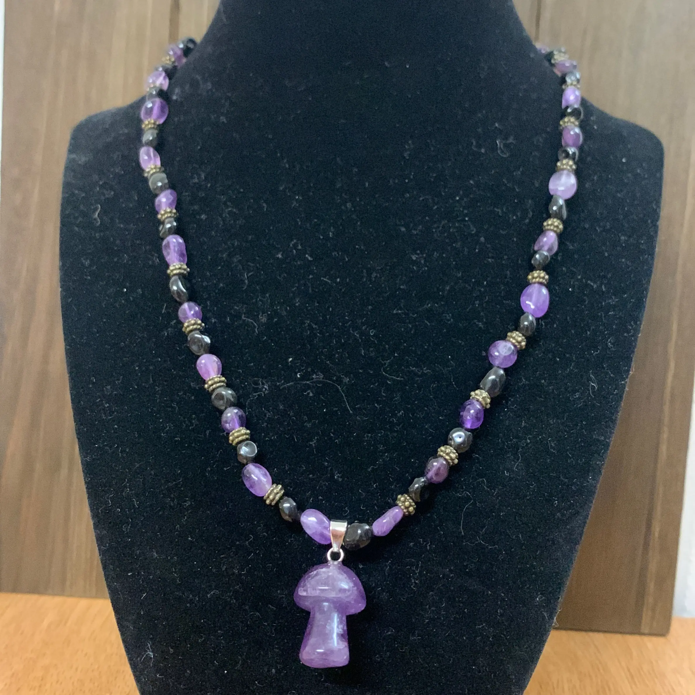 Natural Crystal Necklace made from Amythest, and Black Obsidian and an adorable Amythest Mushroom pendant