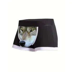 Men’s novelty wolf print boxer briefs — breathable, stretchy, comfortable underwear with a fun animal print; casual men’s pants made from digitally printed fabric