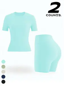 Women's Solid Color Short Sleeve Tee & High Waist Shorts Set, Casual Sporty Round Neck T-shirt & Skinny Shorts, Ladies Summer Clothes for Indoor Outdoor Wear, Sportswear Set, Activewear, Workout Sets Women