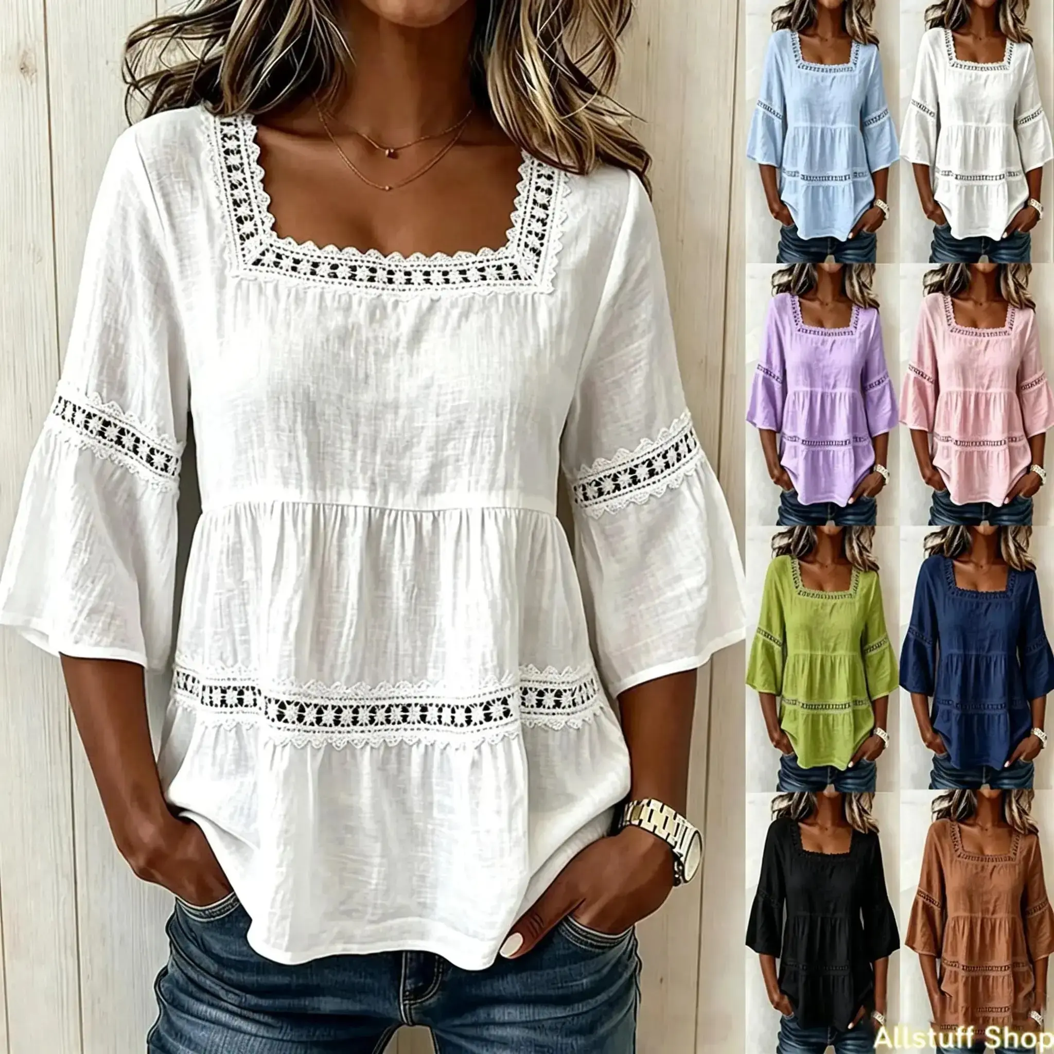 Women's Basic Lady's Cotton-Linen Cover-Up Blouse Top, 2020 New Summer Solid Color, Square Neck, Lace Trim, 3-Quarter Short Sleeve, Casual Swimwear Surfwear Shirt, Shirts, Casual Fit, Short Sleeves