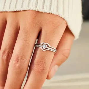 Fashionable Multi-Layer Heart-Shaped Design Engagement Ring with Exquisite Double-Layer Inlaid Zirconia, Symbolizing Eternal Love engagement rings wedding ring set smart ring western jewelry scrolling ring real engagement ring Sparkle Dazzling smart ring