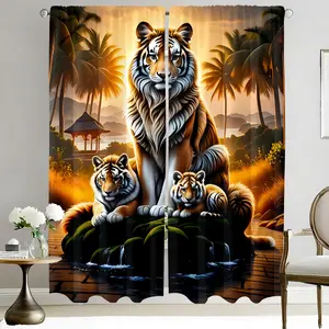 Polyester Fiber Curtains Set, Tiger Tropical Landscape Print, Artistic Realism Style, Rod Pocket Design, Suitable for Living Room Bedroom Decor, Easy Install Curtain