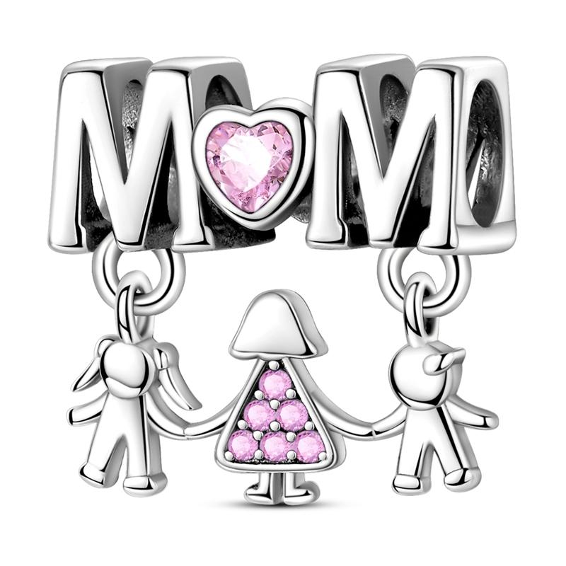 MULA Mom and Child Holding Hands S925 Sterling Silver Beads with Pink CZ Hearts - Perfect for Mother's Day, Birthdays and Family Celebrations, Compatible with Pandora Bracelets and Necklaces