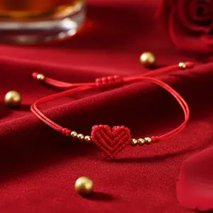 1pc Boho Red Adjustable Bracelet | Handwoven Nylon Rope with 18K Golden Plated Beads, Ideal for Daily Wear and Gift-Giving, Perfect for Valentine'S Day