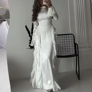 Women's Elegant High - Neck Long Bell - Sleeve Ruffled Maxi Dress, Solid Formal Evening Gown