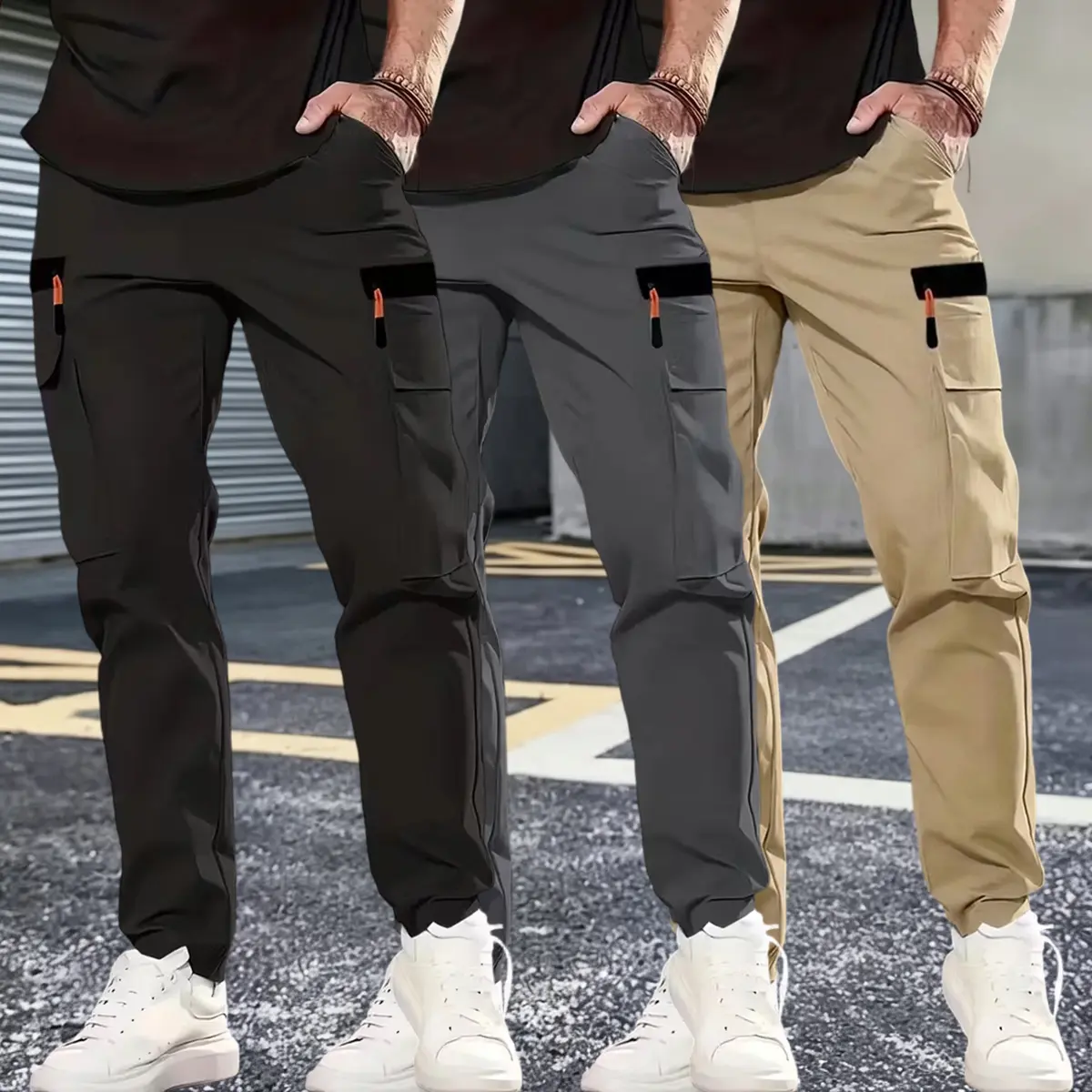 Men’s 3-pack loose outdoor cargo sports casual pants for spring/autumn, straight-leg long pants with multiple pockets—versatile slim-fit athletic pants made from soft, breathable fabric, suitable for outdoor leisure outings.