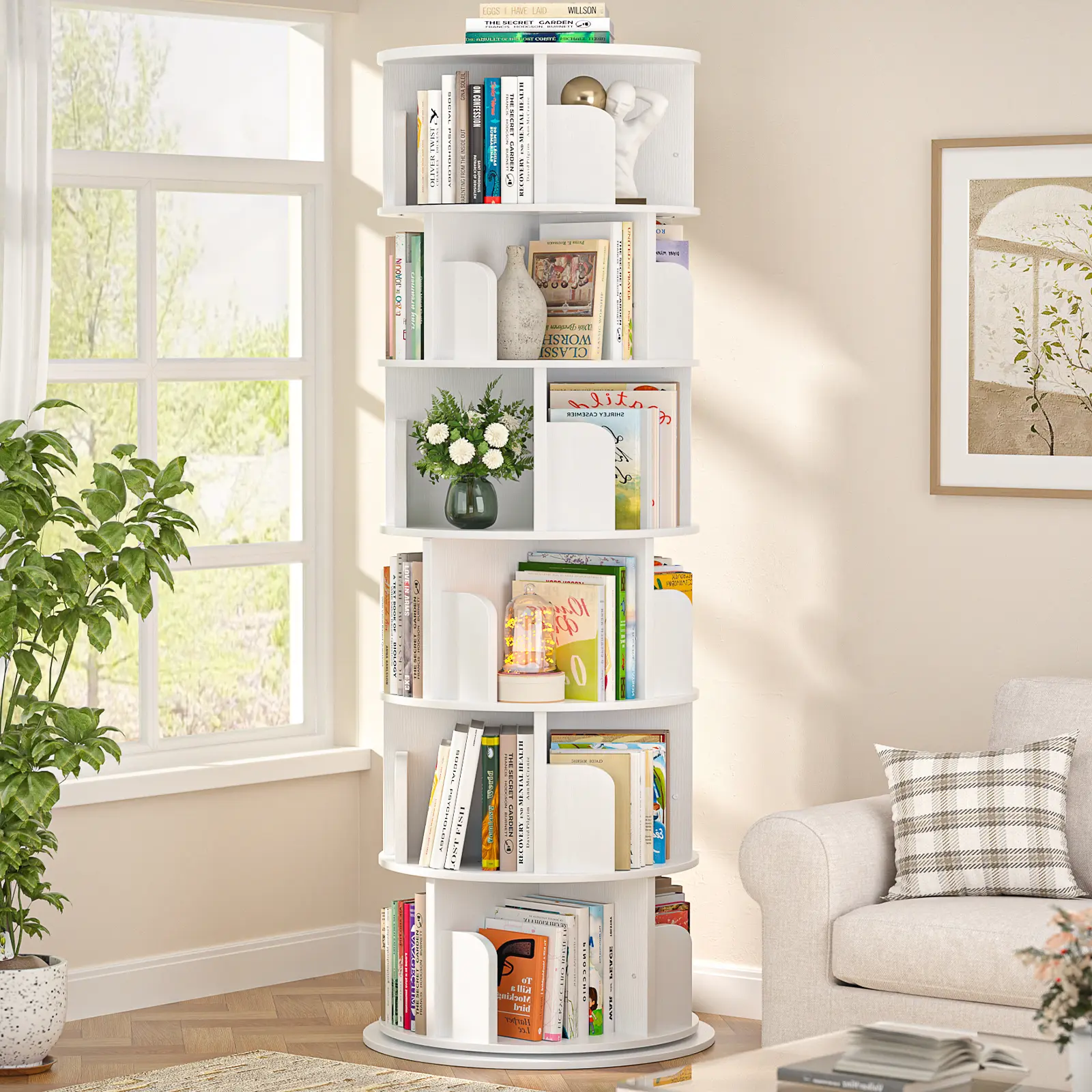 iSunirm 6-Tier 360-Degree Rotating Wood Bookshelf Tower, Round Narrow Rolling Corner Shelves with Adjustable Height Display for Small Space Storage Organization, Rotating Bookshelf