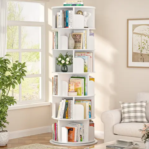 iSunirm 6-Tier Wood Bookshelf Rack - 360-Degree Rotates Fully Round Narrow Rolling Corner Vertical Storage Rack, Adjustable Height Display, Screws Included, High Capacity Living Room Furniture for Small Rooms