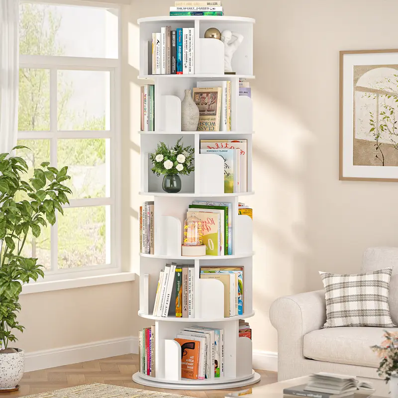iSunirm 6-Tier Wood Bookshelf Rack - 360-Degree Rotates Fully Round Narrow Rolling Corner Vertical Storage Rack, Adjustable Height Display, Screws Included, High Capacity Living Room Furniture for Small Rooms