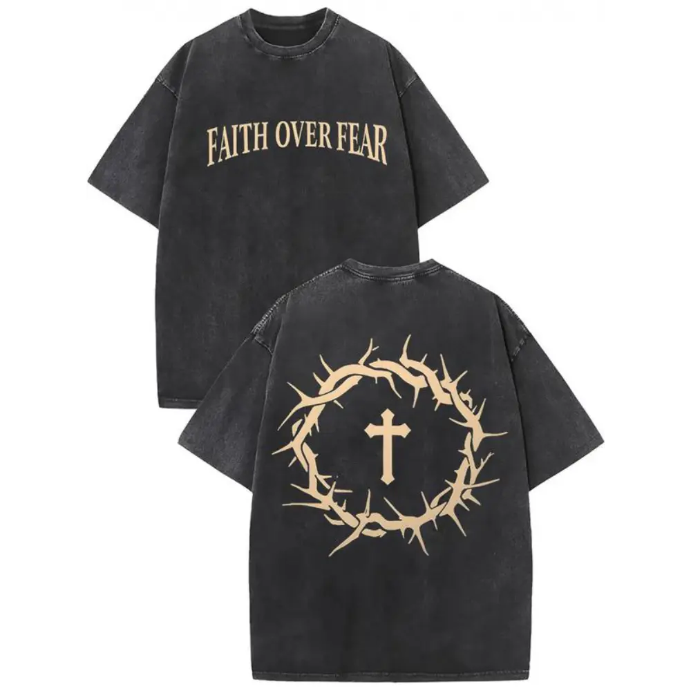 Men's Graphic T-Shirt, Vintage Washed Cotton 'Faith Over Fear' Print with Drop Shoulder Short Sleeves, Casual Summer Top, Shortsleeve