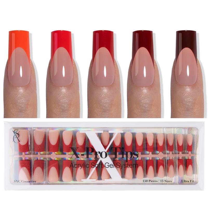 SXC Cosmetics X-Pro Tips - Nail Tips Only - 5 Red Shades French Tip Press On Nails, 150/160pcs, Almond/Coffin/Square Shapes, XS-M Sizes DIY Salon-Quality Nails at Home