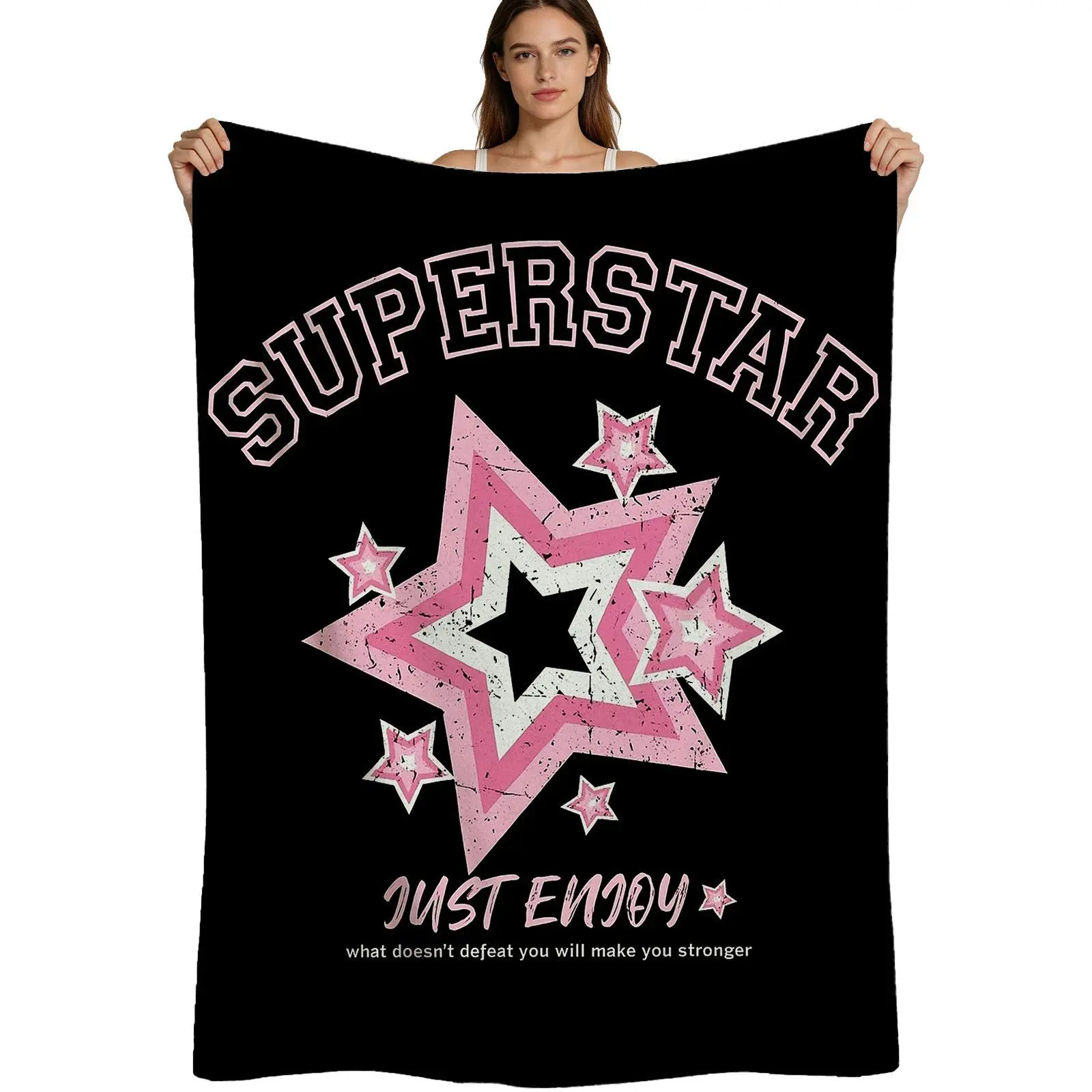 Superstar Style Warm Flannel Blanket - Pink Star Pattern with "Just Enjoy" Quote, Soft Fleece Fabric, Multi-Size (4 Sizes Available), for Teens' Room Decor, Single Pack