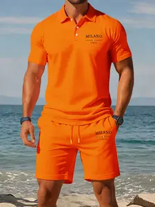 Men's Summer Letter Print Casual Polo Shirt Set with Pockets and Elastic Waist Shorts, Lightweight Breathable Fabric, Perfect for Vacation Golf