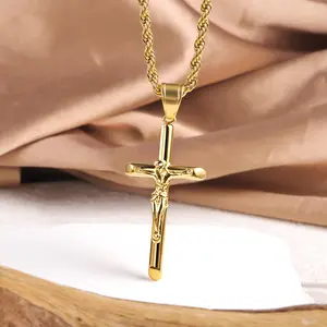 Christ Jesus Cross Crucifix Pendant Necklace for Men Woman Stainless Steel Rope Chain 18/20/22/24" Gift