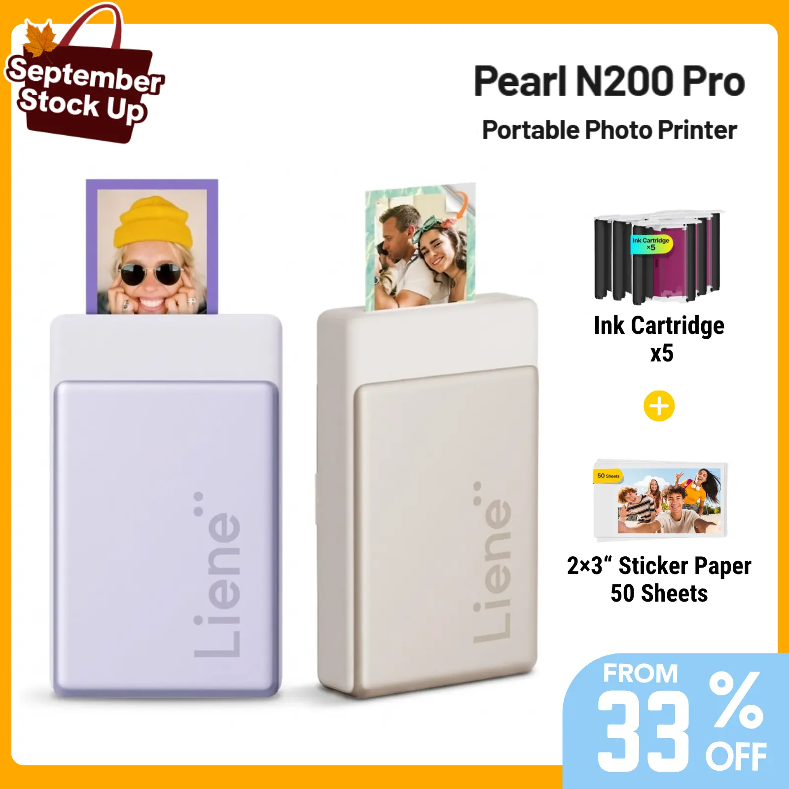 Liene Pearl N200 Pro Portable Thermal Dye Sublimation Photo Printer - Instant Mini Bluetooth Sticker Printer with Built-In Power for iOS/Android Smartphones, 50 Adhesive Sheets, 5 x Ink Cartridges, Back to School Haul Gift