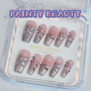 【A56】Square shape french style butterfly handmade press on nails