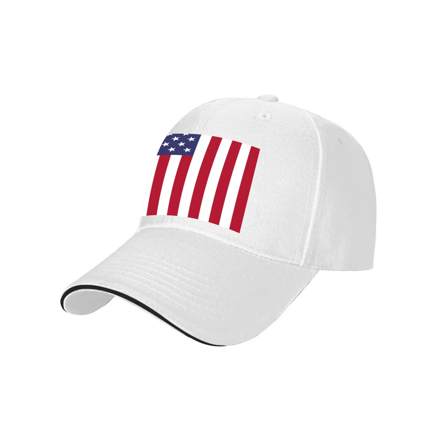 USA Flag Printed Classic White Curved Brim Baseball Cap - Black Trim, Patriotic American-Themed, USA-Themed Graphic, National Flag, Golf Style Casual Outdoor Headwear, Black Trim Hats, Patriotic American-Themed Hats