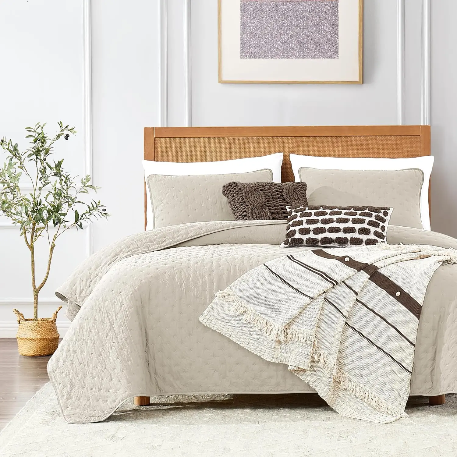 Beige Oversized California Cal King Size Bedding Set with 2 Pillow Shams, Lightweight Microfiber Bedspread Coverlet, Thin Comforter Bed Cover, 3 Pieces, 118x106 inches