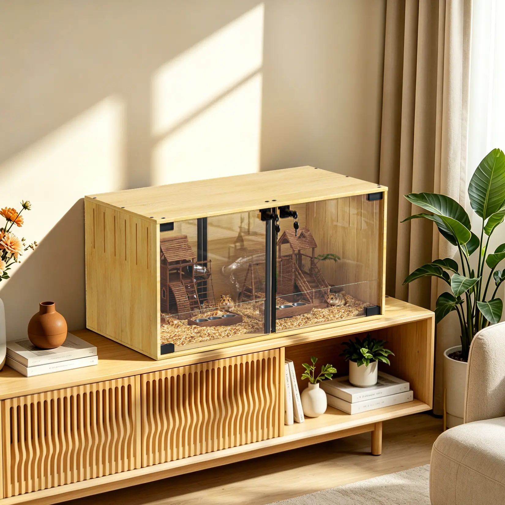 Wooden Tempered Glass Small Animal Habitat for Dwarf Hamsters - Glass Divider, Built-in LED Lights, Double Doors, Safe Viewing (Accessories Not Included)