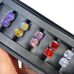 Colorful Cushion Cut Stud Earrings for Women, Sparkly CZ Square Earrings, Purple Yellow Pink Red White Ear Studs, Trendy Fashion Jewelry Gift