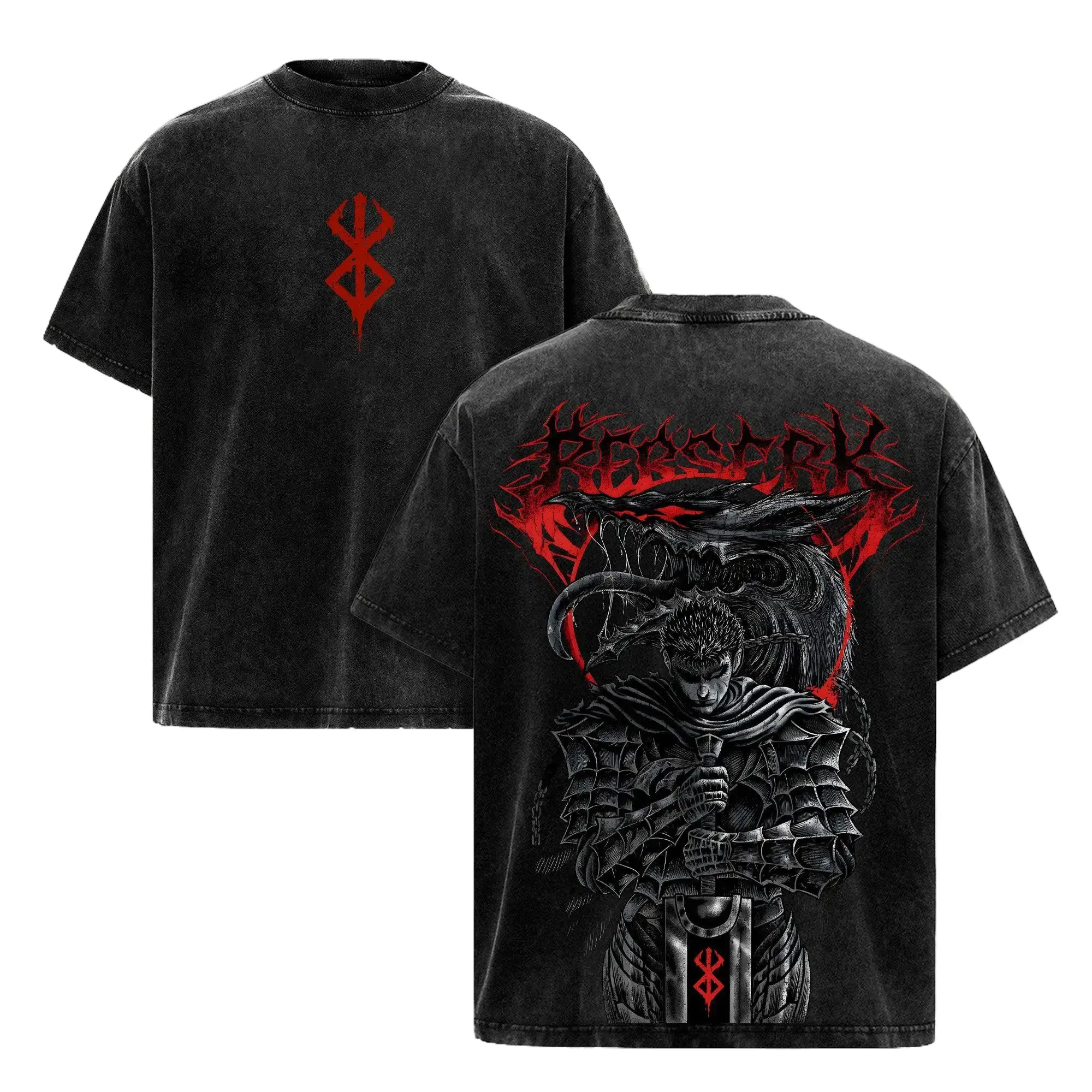 Guts T-Shirt Berserk Anime Tee, Black Swordsman Vintage Washed Graphic T-Shirt Dark Fantasy Streetwear & Gym Pump Cover for Men 90s Graphic American Casual Short Sleeve Tee Y2K Japanese Anime Top  | Oversized Vintage Anime Acid Wash T-Shirt