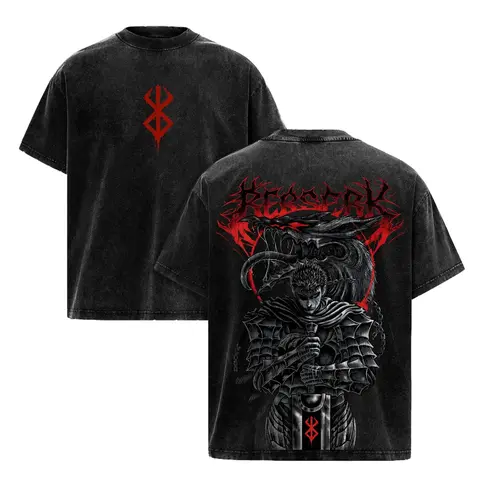 Guts T-Shirt Berserk Anime Tee, Black Swordsman Vintage Washed Graphic T-Shirt Dark Fantasy Streetwear & Gym Pump Cover for Men 90s Graphic American Casual Short Sleeve Tee Y2K Japanese Anime Top  | Oversized Vintage Anime Acid Wash T-Shirt