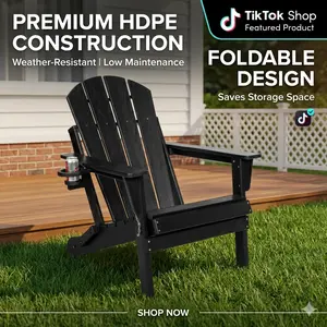 HDPE Folding Adirondack Chair Composite Wood Texture Outdoor Patio Chair with Dual Cup Holder Weather Resistant Durable Seating for Backyard Poolside Lawn Garden Porch and Deck Black