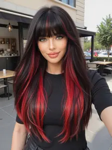 Women's Long Straight Hair Wig, Highlights, 26 Inch Full Headset, Fashionable & Smooth, Perfect for Parties & Halloween