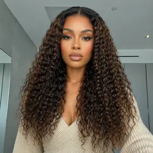 Brown Balayage Highlight Water Wave 360 Lace Wig Human Hair 180% Density Pre-Cut HD Skin Lace Invisible Strap Adjustable Fit Wig