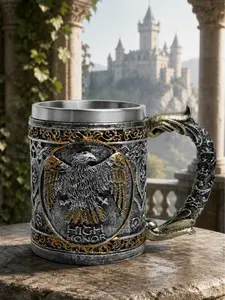 The Armored Kingdom 14oz Reusable Washable Stainless Steel Tumbler - Antique Silver & Gold, Golden Talon Handle, Sturdy Medieval Eagle Wings Design, Ideal for Patriots, Veterans, Desk, Shelf, Bar, Round Table Gift Mug