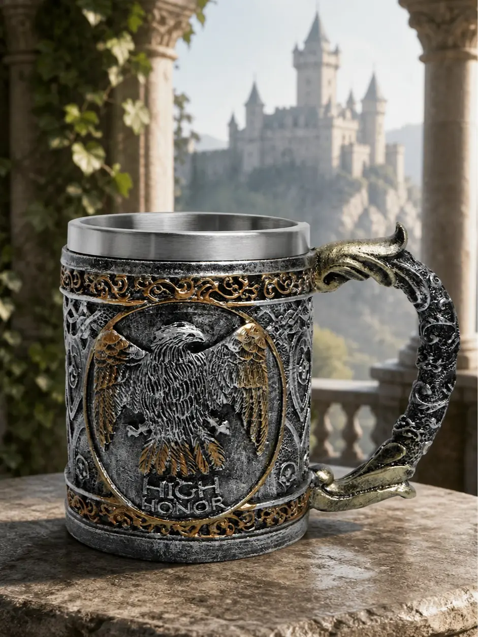 The Armored Kingdom Reusable Cup Tumbler, 14oz (0-500ml) Stainless Steel Mug - Antique Silver & Gold, 5.5in Grip Handle, Sturdy Medieval Eagle Wings Design, 3.7in Round Body, Ideal for Patriots & Collectors, Shelf/Desk Use, Washable Kitchenware