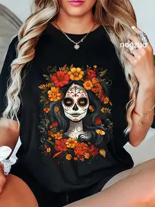 100% Cotton Unisex De Los Muertos La Catrina Day of the Dead Sugar Skull Women T-Shirt