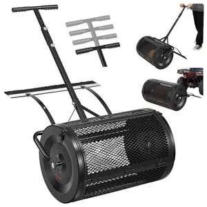 fathersdaygift VEVOR Compost Spreader, 24 Wide Peat Moss Spreader with Push/Tow Handle Brush, 4 Heights Adjustable, Powder-Coated Steel Garden Peat Moss Roller, Heavy Duty Grass Seed Roller for Planting Seeding