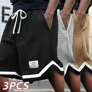 Men’s waffle-knit shorts, set of 3; elastic drawstring waist; stretchy, breathable, soft fabric; casual, versatile men’s shorts in plus sizes; summer casual style.