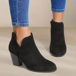 Womens Chunky Heel Ankle Boots Round Toe Zipper Cut On Suede High Heel Booties Womens Footwear