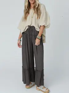 Boho Flowy Ruffle Hem Pants, Elastic Waist Comfy Knit Wide Leg Trousers for Women, Casual Loose-Fitting Long Pants for All Seasons