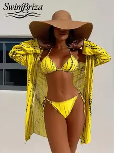 Briza｜Yellow Printed Bikini Set For Women - Halter Top & High Cut Bottom With Sheer Long Sleeve Cover Up 2026