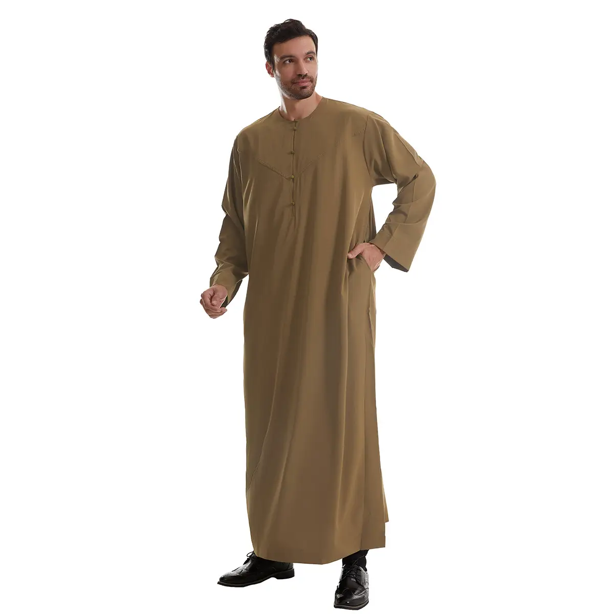 Modest Muslim Thobe for Men - Ramadan Eid Prayer Robe Solid Color Long Sleeve Loose Fit Breathable Cotton Woven Design mens thobe menabaya