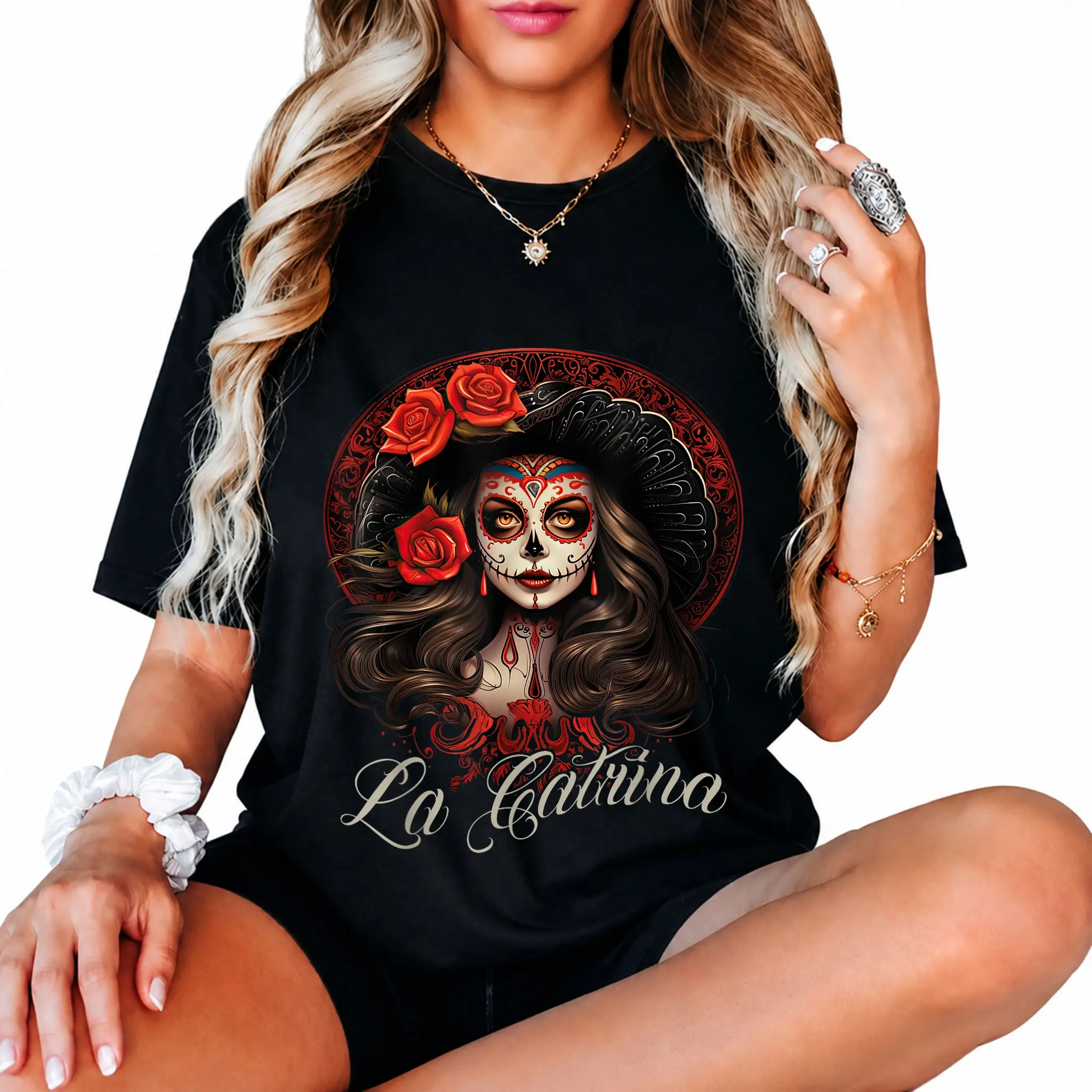 La Catrina Graphic T-Shirt for Women | Unisex Distressed 100% Cotton Casual Streetwear Top with Short Sleeves for Everyday or Halloween, Costume Halloween, Distressed Look, Unisex Cut, Round Neck, Crew Neck, Ready For Casual Meetups And Hangs