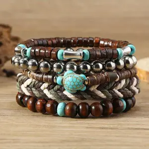 Set of 5 fashionable and creative turquoise turtle wood bead woven bracelets for bohemian women’s bracelet accessories