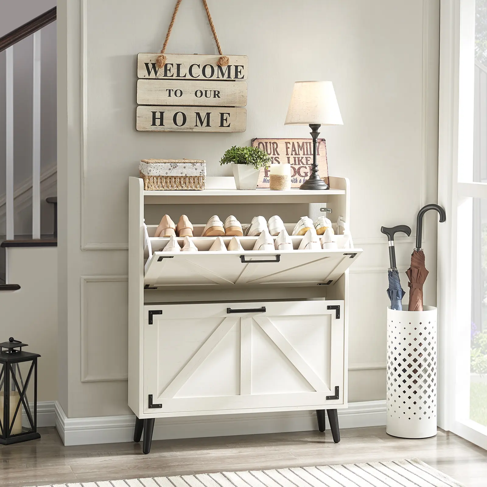 PieDle Shoe Storage Cabinet with 2 Flip Drawers, Farmhouse Hidden Shoe Organizer, Narrow Slim Shoe Rack Cabinet for Entryway Hallway