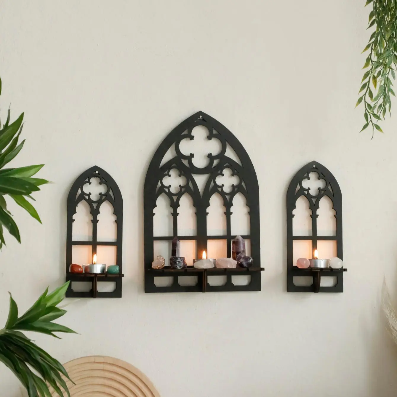 Wooden Hollow Design Wall Shelf, 3 Counts Vintage Gothic Wall Mount Design Wall Decor for Candle Ornament, Rustic Wall Decoration for Bedroom Living Room, Home Decor, Decoration Items
