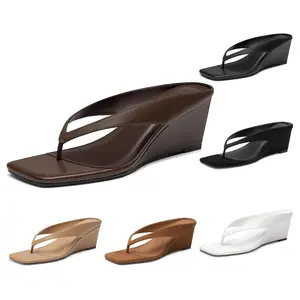 Athlefit Women's Low Wedge Sandals Trendy Dressy Square Open Toe Summer Beach Flip Flops Thong Heeled Sandals